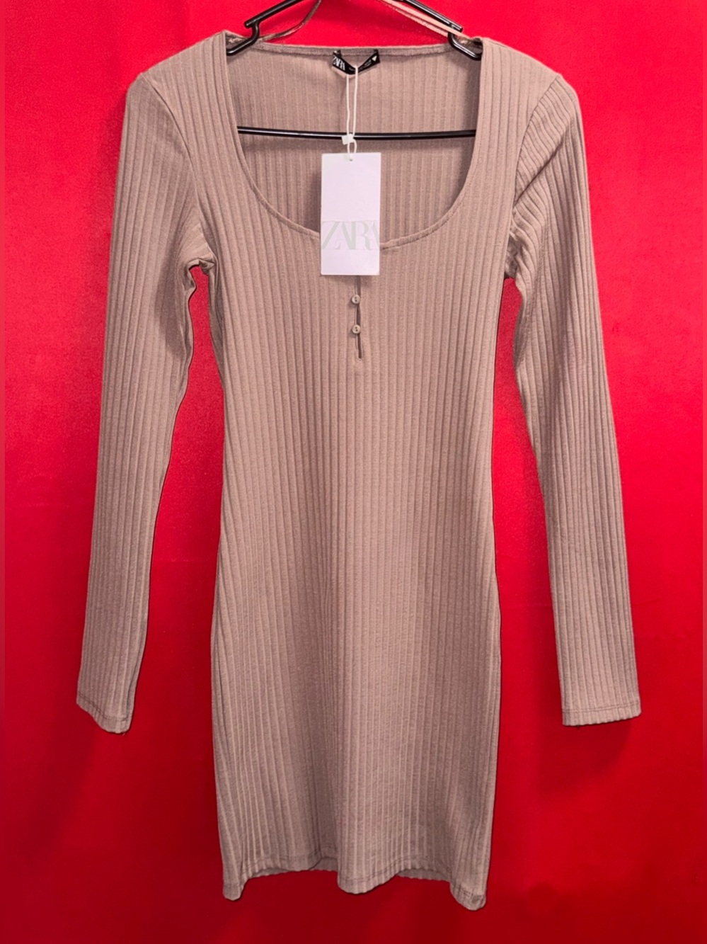 🔥#655- NWT ZARA Taupe/Brown Ribbed Long Sleeve Scoop Neck Mini Dress Sz.Small
